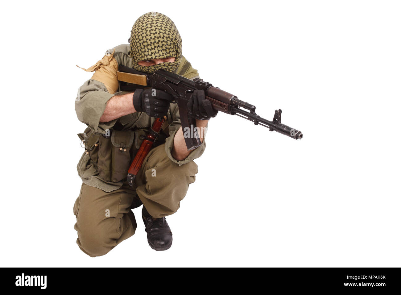 shooter with AK 47 isolated on white Stock Photo