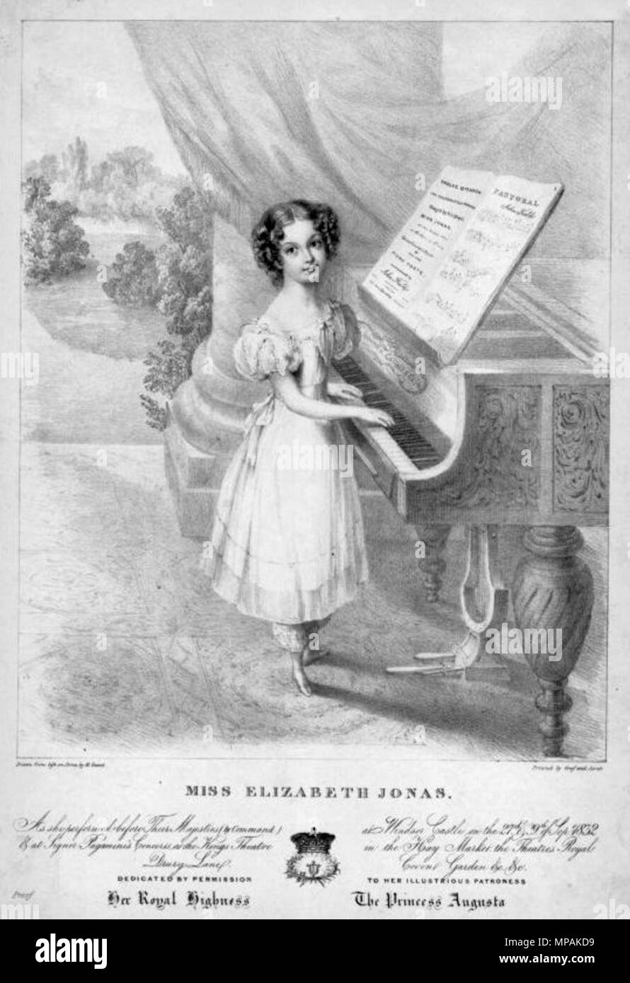 . Portrait of Elizabeth G. Jonas (1825-), pianist performing at Drury Lane with Field’s Pastorale on the keyboard, . 1830s.    Maxim Gauci  (1774–1854)    Alternative names Massimo Gauci  Description Maltese lithographer  Date of birth/death 11 February 1774 3 November 1854  Location of birth/death Valletta London  Work location London (1810 - 1846)  Authority control  : Q6795581 VIAF: 80804239 ULAN: 500019220 GND: 136465366 RKD: 30430 878 Maxim Gauci02 Stock Photo