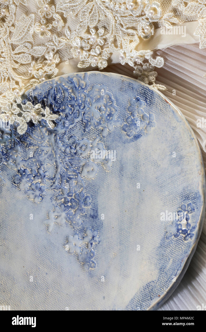 Ceramic pottery plate with vintage lace pattern and Bruno glaze, hand thrown in Brooklyn, New