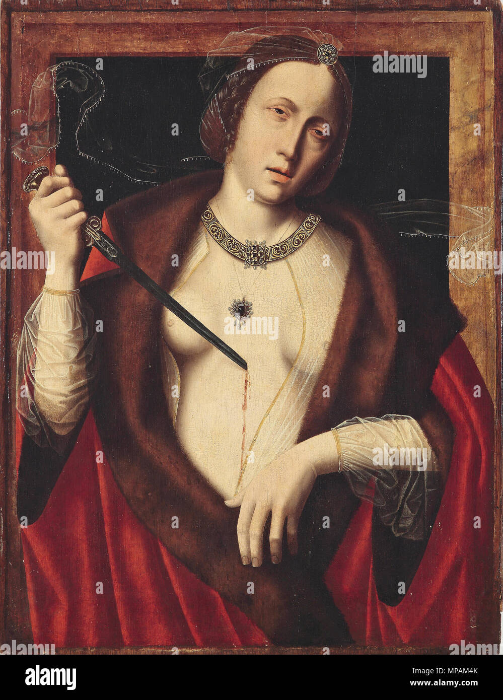 . Lukretia . circa 1530.    Master of the Holy Blood  (fl. between 1500 and 1520)     Description Flemish painter and draughtsman  Date of birth/death 1530s  Work period between 1500 and 1520  Work location Bruges  Authority control  : Q1918545 VIAF: 18434946 ULAN: 500030845 WGA: MASTER of the Holy Blood GND: 134188225 RKD: 53589 881 Meister des Heiligen Blutes Lukretia Stock Photo