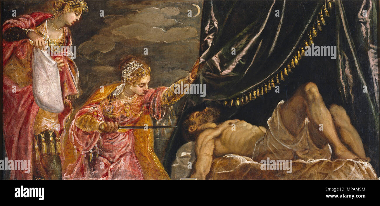 Español: Judit y Holofernes . Este lienzo forma parte de un conjunto integrado por seis pinturas apaisadas: Susana y los viejos (P00386), Esther ante Asuero (P00388), Judith y Holofernes (P00389), La reina de Saba ante Salomón (P00394), José y la mujer de Putifar (P00395) y Moisés salvado de las aguas (P00396), con un mismo esquema cromático, una acentuación general del dibujo en superficie y un ritmo de formas curvas que enlaza un cuadro con otro; junto con una obra central ovalada (Purificación del botín de las vírgenes madianitas, P00393). Aunque Velázquez las comprara para Felipe IV como c Stock Photo