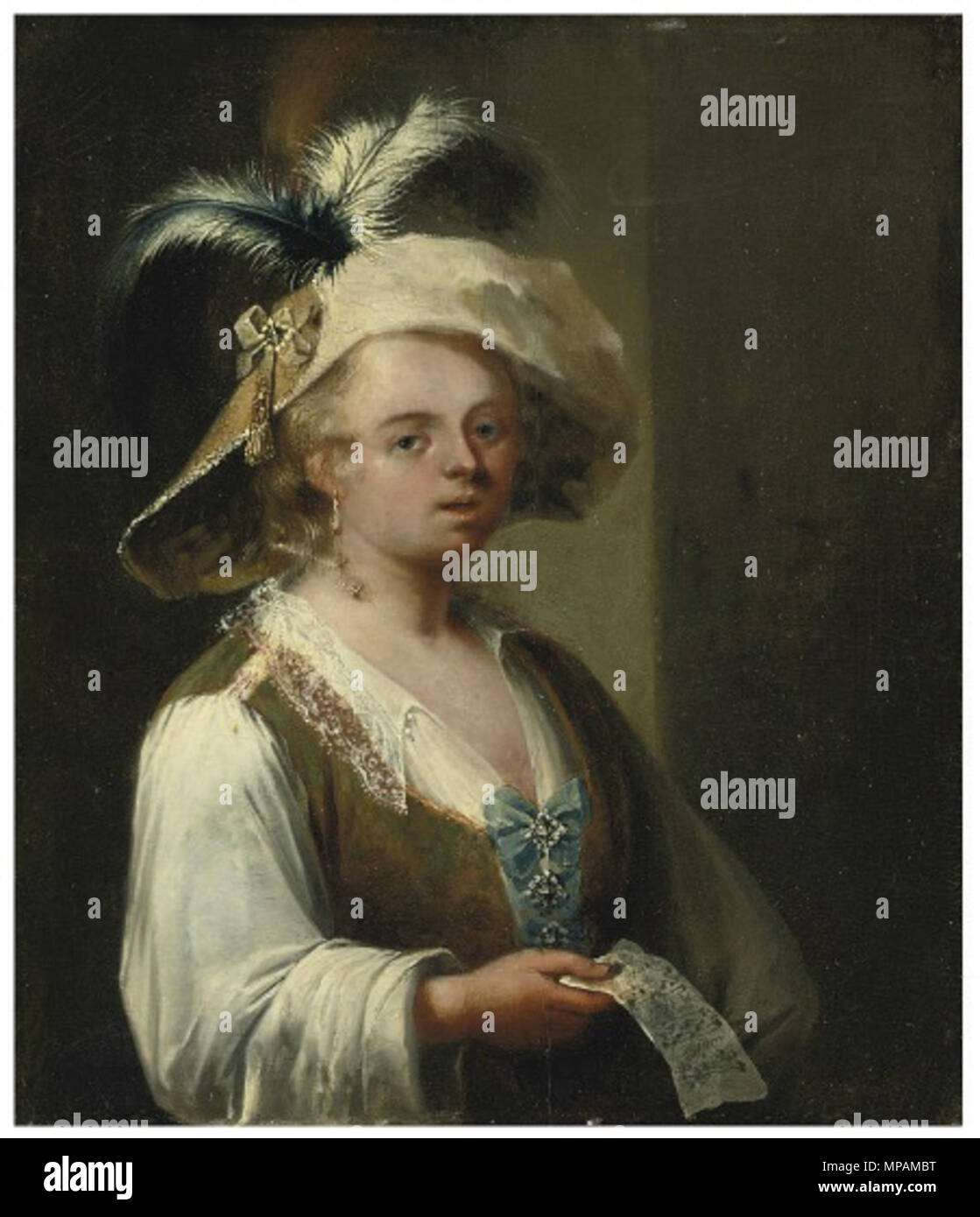 English: Portrait of a Lady, half-length, in a pastoral dress with a feathered hat   between 1724 and 1757.   881 Melchior Brassauw - Portrait of a lady, half-length, in a pastoral dress with a feathered hat Stock Photo