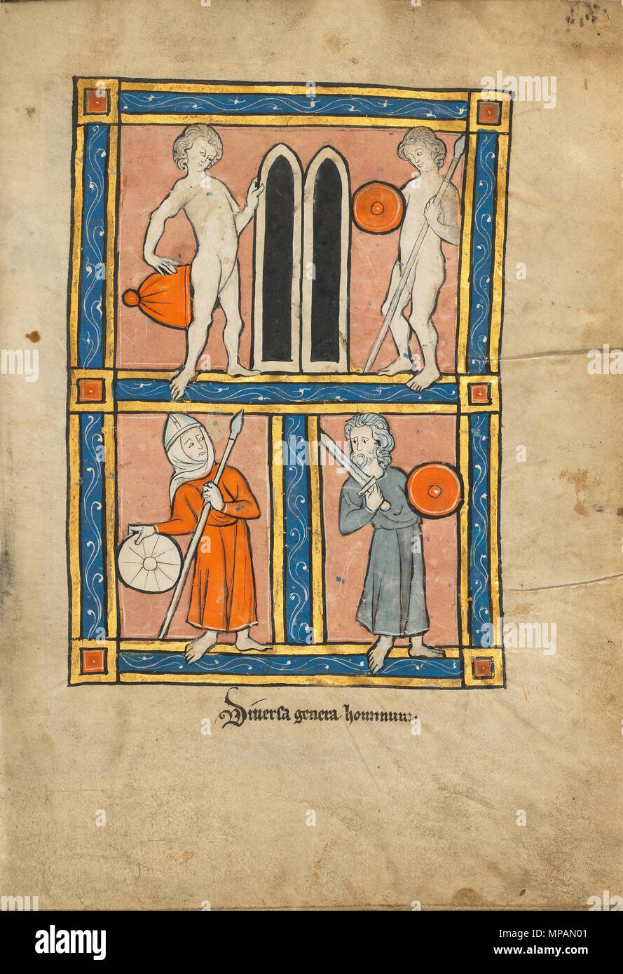 . English: Miniature of four men of different races with their respective weapons/equipment, glossed Diversa genera hominum. From Mirabilia Mundi, a section on the monstrous races of humans based on Pliny the Elder, with seven full page illustrations (foll. 117r - 120r). This is the last of seven illustrations showing 'civilized' (or at least familiar) peoples, following the depiction of various monstrous or uncultured races. circa 1280. Anonymous 883 Men with Shields and Weapons - Google Art Project Stock Photo