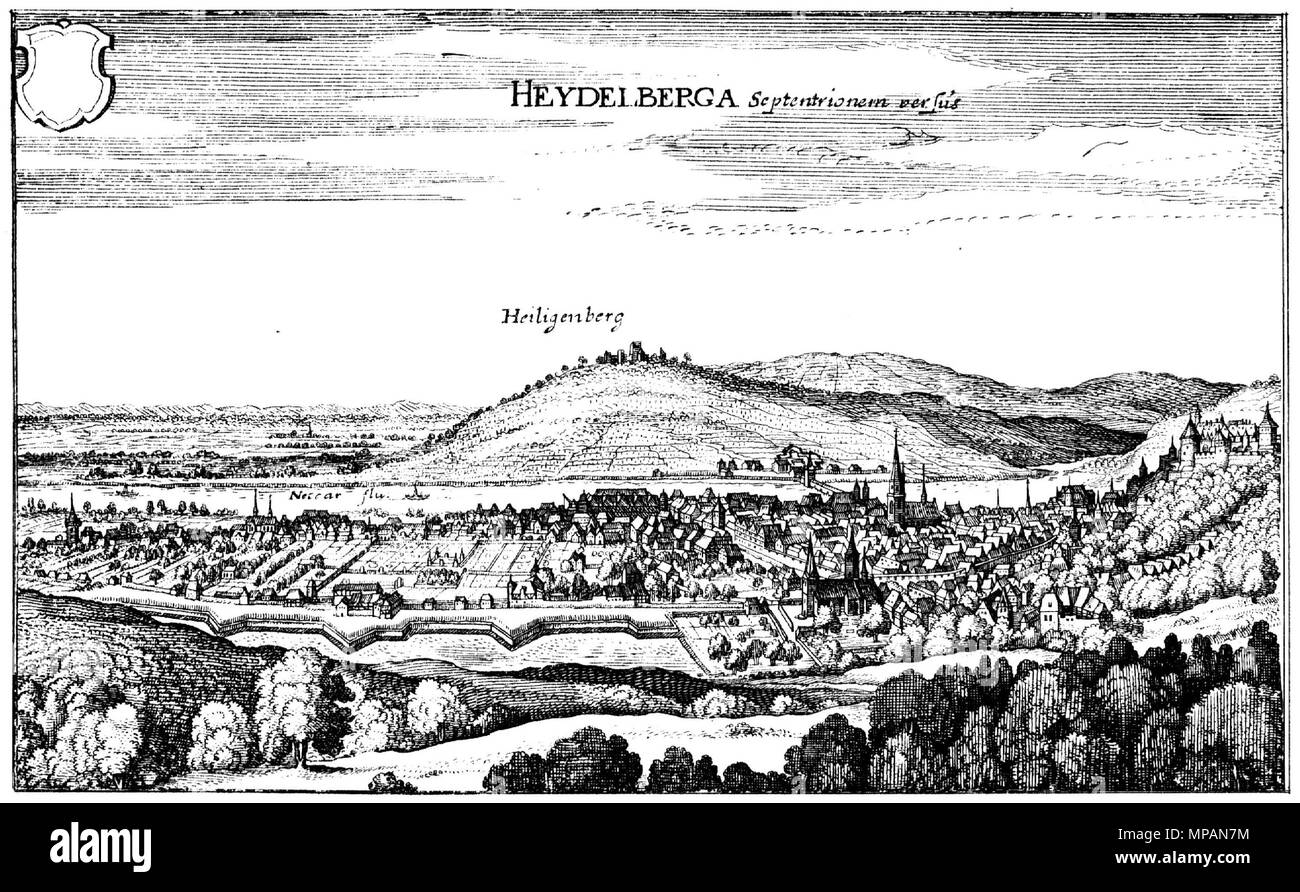 . English: Etching Heidelberg, view from the Sprunghöhe Published: 1645 Size: 10,2 × 16,7 cm . 1645. Matthäus Merian d.Ä. 885 Merian Heidelberga Septentrionem versus 1645 Stock Photo