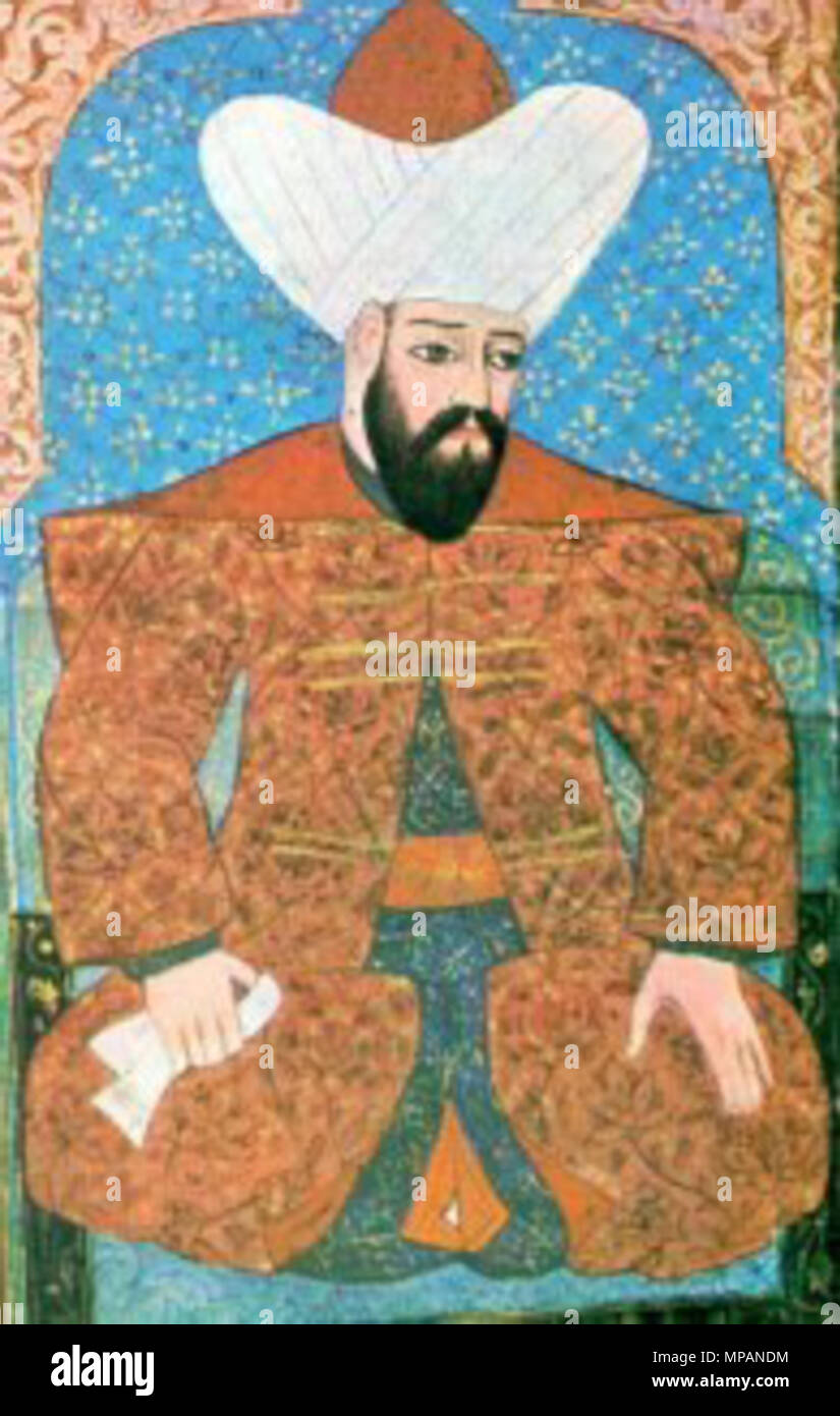 . English: Detail of an Ottoman miniature painting depicting Orhan, Sultan of the Ottoman Empire from 1326 to 1360. The painting is preserved at the Topkapı Palace Museum in Istanbul, Turkey. 16th century. Unknown 886 Metehanzade orhangazi Stock Photo