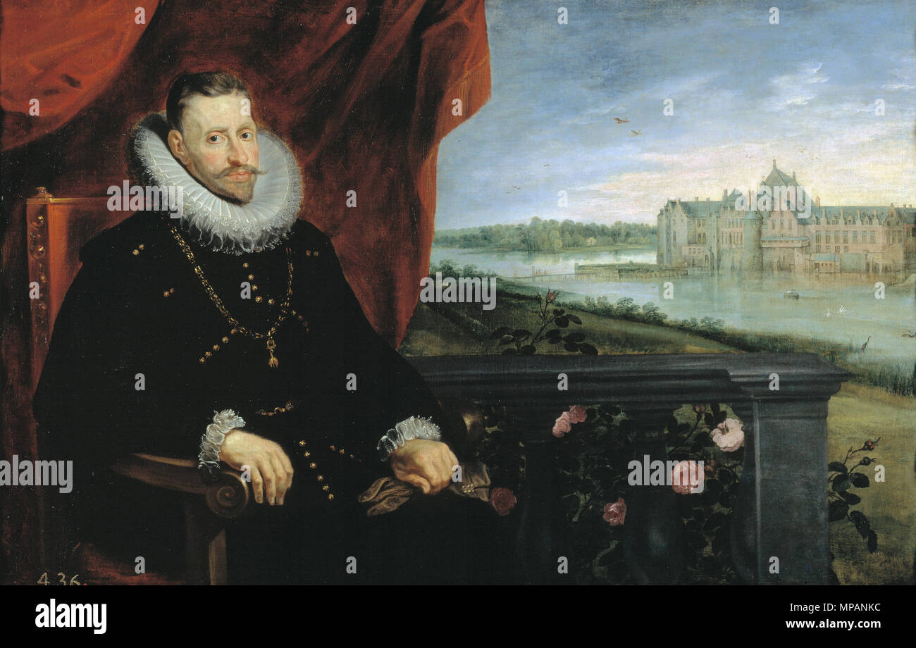 El archiduque Alberto de Austria .  Español: Retrato del archiduque Alberto de Austria (1559-1621), que fue hijo del emperador Maximiliano II de Habsburgo y de la emperatriz María de Austria y Portugal. Nederlands: Portret van Aartshertog Albert van Oostenrijk met op de achtergrond het kasteel van Tervuren. 1615-1625. oil on canvas.. . circa 1615.   1273 Workshop of Peter Paul Rubens and Jan Brueghel (I) 001 Stock Photo