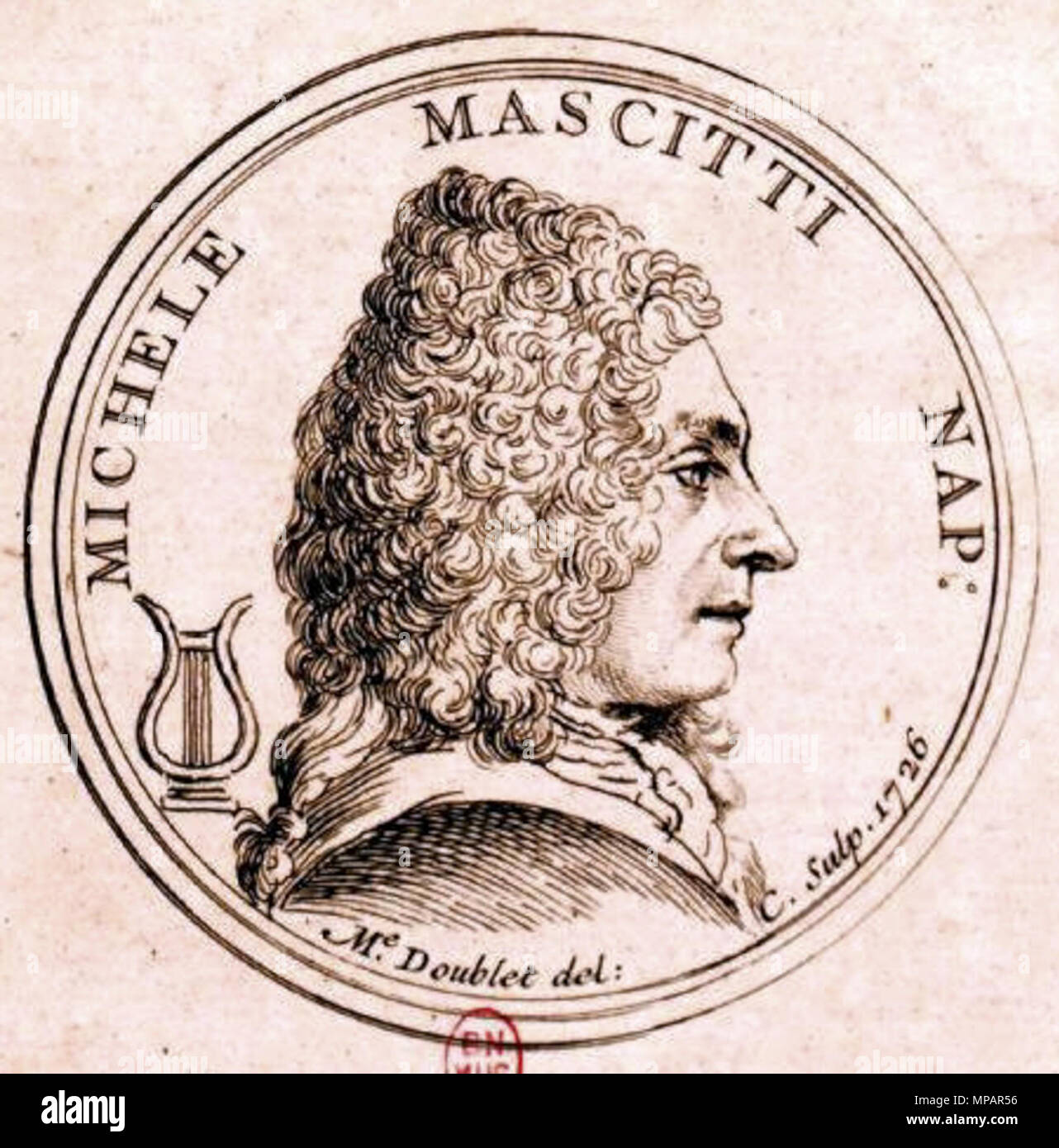 . English: Italian violinist and composer Michele Mascitti (1664-1760). Drawing and engraving by Marie-Anne Doublet (1677-1771). 1726. Marie-Anne Doublet 891 Michele Mascitti 1726 Stock Photo