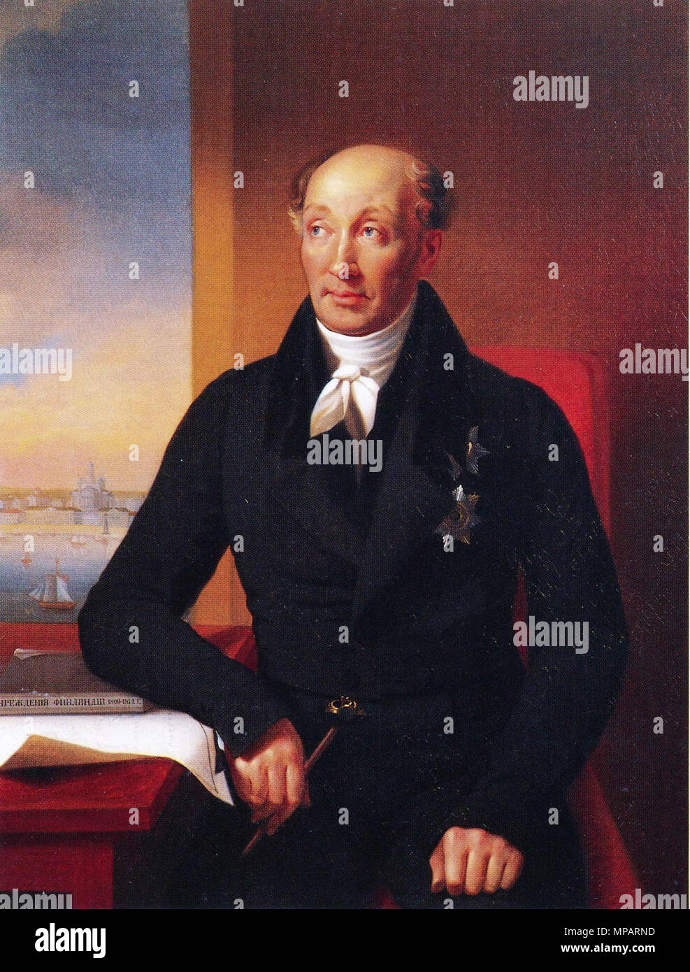.  English: Count Mikhail Speransky, original painting by George Dawe. This copy was made in 1850 by artist Yakovlev for the Helsinki University. Speransky had been the first State Secretary for the Grand Duchy of Finland, and hence this version of the portrait contains special references to Finland: Speransky is leaning on a book called ”Institutions of Finland 1809–1812” (Uchrezhdeniya Finlyandyi) and on the left background is the cityscape of Helsinki (including Helsinki cathedral, which was completed after Speransky's death). . 1850.   894 Mikhail Speransky, copy by Yakovlev Stock Photo
