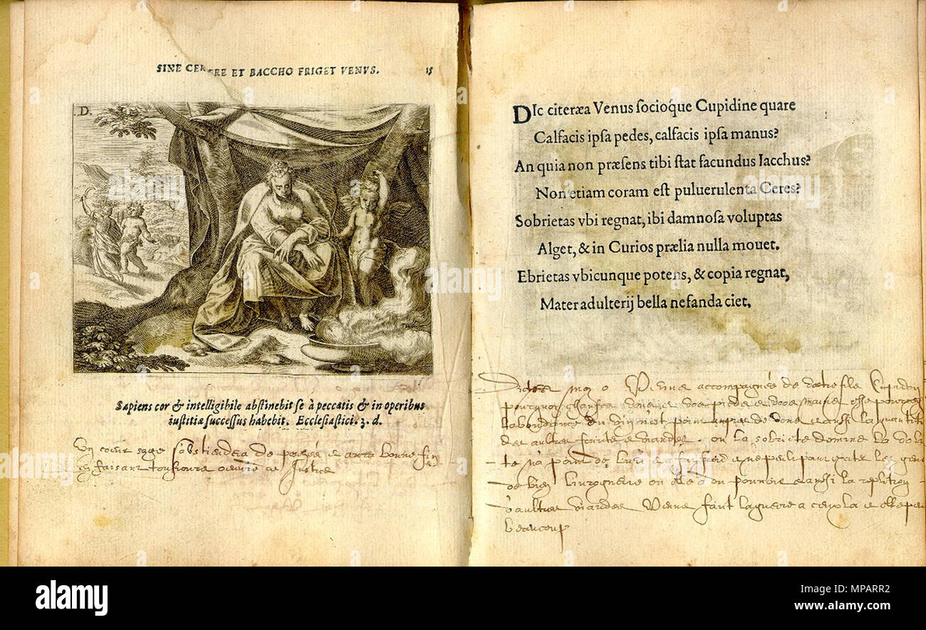 . English: double page with Emblem from Mikrokosmos = Parvus mundus. Emblems, engraved by Gèrard de Jode, with verses by Laurentius Haechtanus [Haecht Goidtsenhoven, Laurens van]. Antwerpen: de Jode, 1579. This is emblem # 15: Sine Cerere et Baccho friget Venus. Translation of explanation: Say, Cytherean Venus with your Cupid: Why are you are warming your hands and your feet? Is it because eloquent Iacchos is not there to help you? And dusty Ceres is not around either? Where sobriety reigns, pernicious lust freezes and does not start wars against the Curii [i.e. moderate men]. Wherever drunken Stock Photo