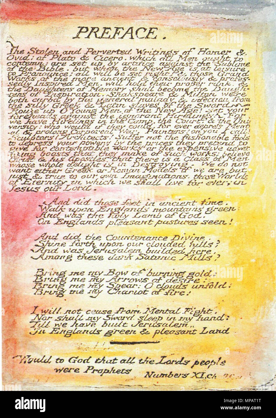 . English: page of book . 1809.   William Blake  (1757–1827)       Alternative names W. Blake; Uil'iam Bleik  Description British painter, poet, writer, theologian, collector and engraver  Date of birth/death 28 November 1757 12 August 1827  Location of birth/death Broadwick Street Charing Cross  Work location London  Authority control  : Q41513 VIAF: 54144439 ISNI: 0000 0001 2096 135X ULAN: 500012489 LCCN: n78095331 NLA: 35019221 WorldCat 895 Milton preface Stock Photo
