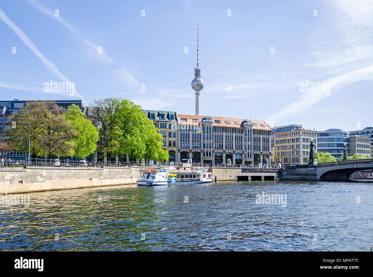 Berlin, Germany - April 22, 2018: Eastern shore of the river Spree Spreeufer with the building of the theological faculty of the Humboldt University,  Stock Photo