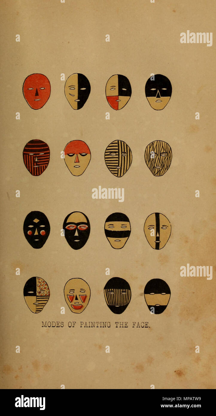 . English: Modes of Painting the Face. Colored wood engraving based on the sketches of missionary Thomas Williams. circa 1858. Thomas Williams[1] 898 Modes of Painting the Face Stock Photo