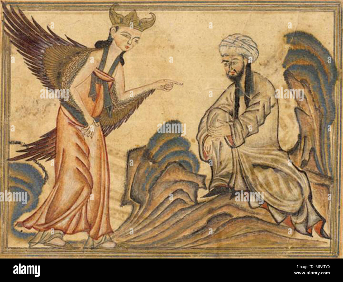 . English: Mohammed receiving his first revelation from the angel Gabriel. Miniature illustration on vellum from the book Jami' al-Tawarikh (literally 'Compendium of Chronicles' but often referred to as The Universal History or History of the World), by Rashid al-Din, published in Tabriz, Persia, 1307 CE Now in the collection of the Edinburgh University Library, Scotland. 1307 CE. Unknown 898 Mohammed receiving revelation from the angel Gabriel Stock Photo
