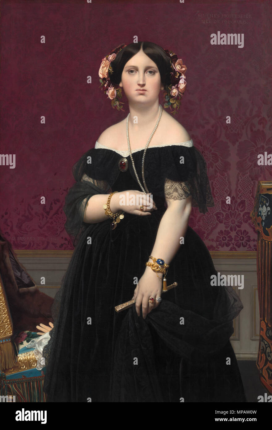 Painting; oil on canvas; overall: 147 x 100 cm (57 7/8 x 39 3/8 in.) framed: 176.5 x 131.4 x 8.9 cm (69 1/2 x 51 3/4 x 3 1/2 in.);    Deutsch: Porträt der Madame Moitessier   1851.   899 Moitessier (Ingres, 1851) NGA Stock Photo