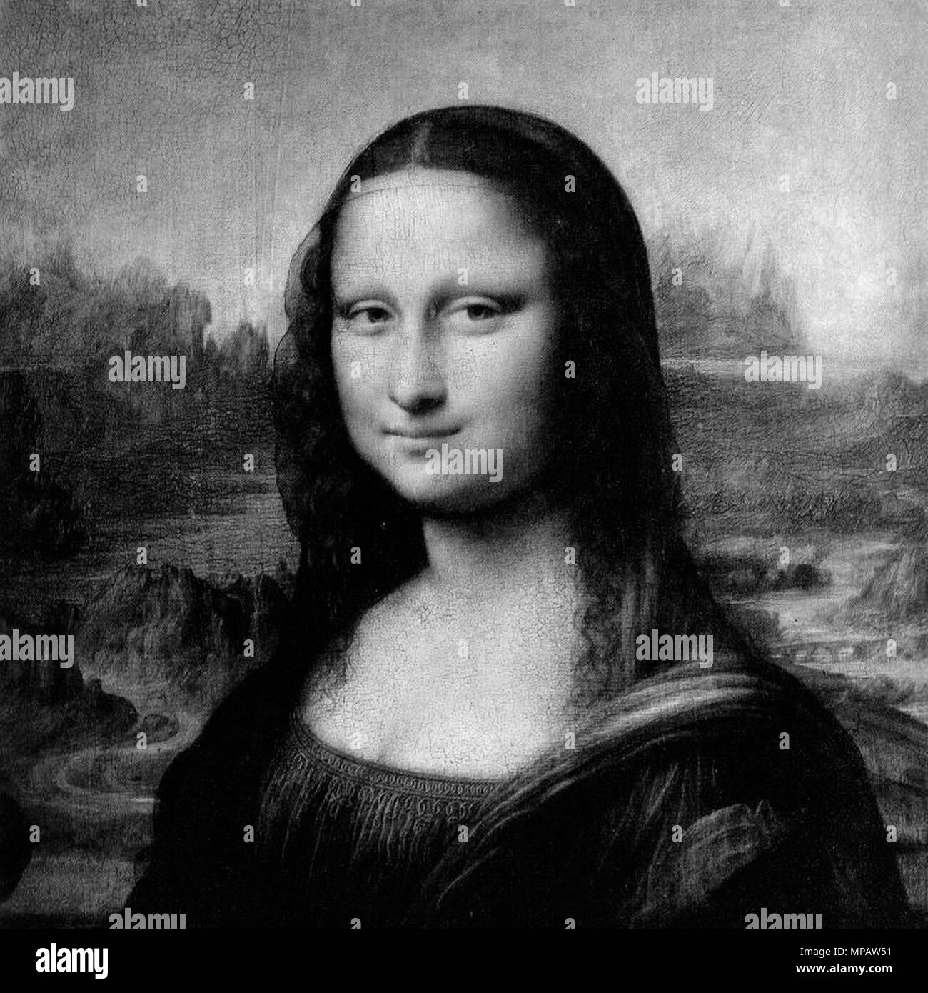 . Cropped and b&w version of Mona Lisa. Used to show how the FFT of an image behaves. (FFT of this image at File:Mona Lisa bw square fft.jpeg) . 10 March 2007. Modified by Francesco Santini 900 Mona Lisa bw square Stock Photo