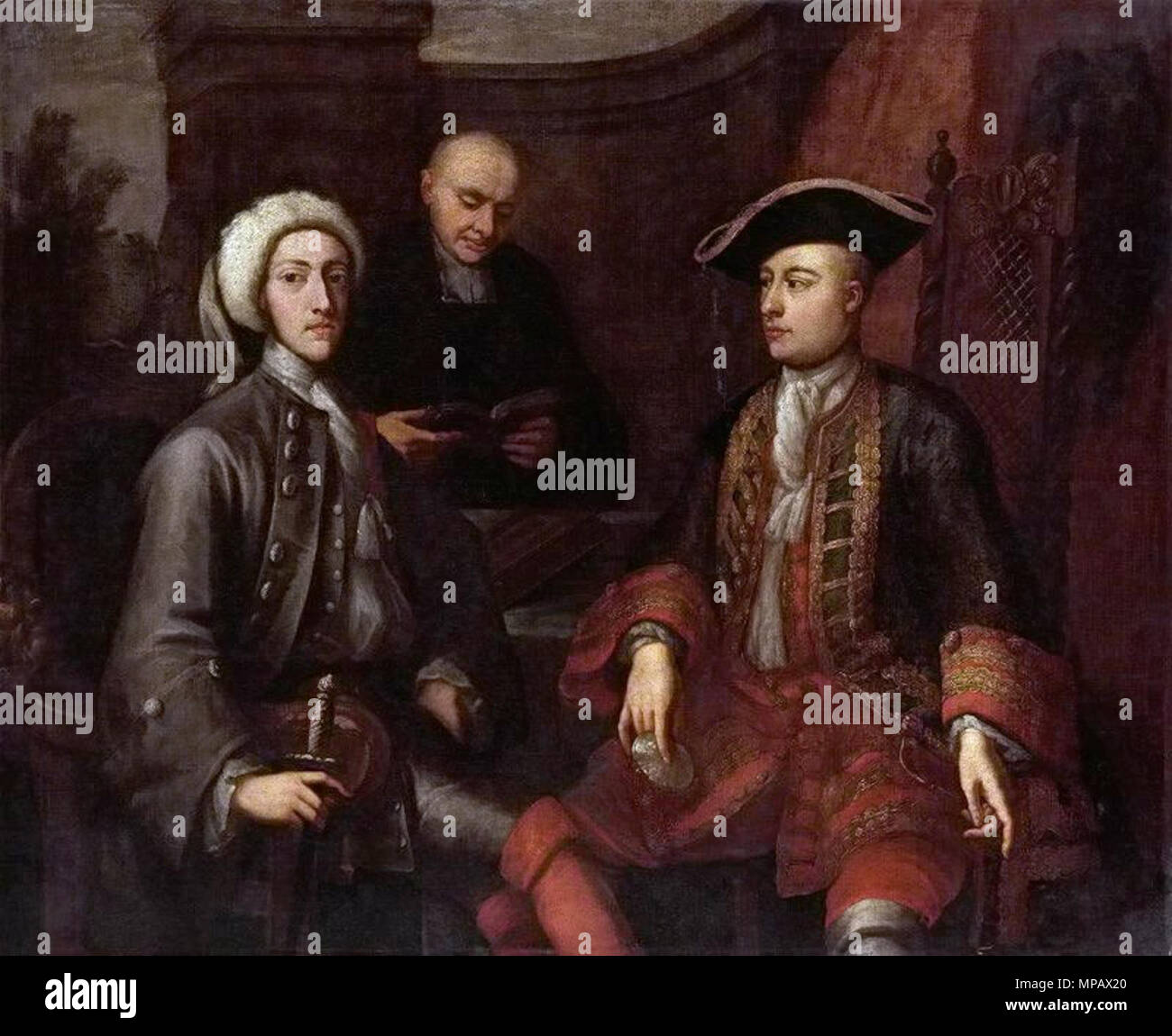 . English: Left: John Montagu, 2nd Duke of Montagu (1690-1749) ; Centre, background: unknown minister of the church(?); right: James O'Hara, 2nd Baron Tyrawley(1682-1774) . 1712. probably by John Verelst 903 MontaguTyrawleyUnknown Stock Photo