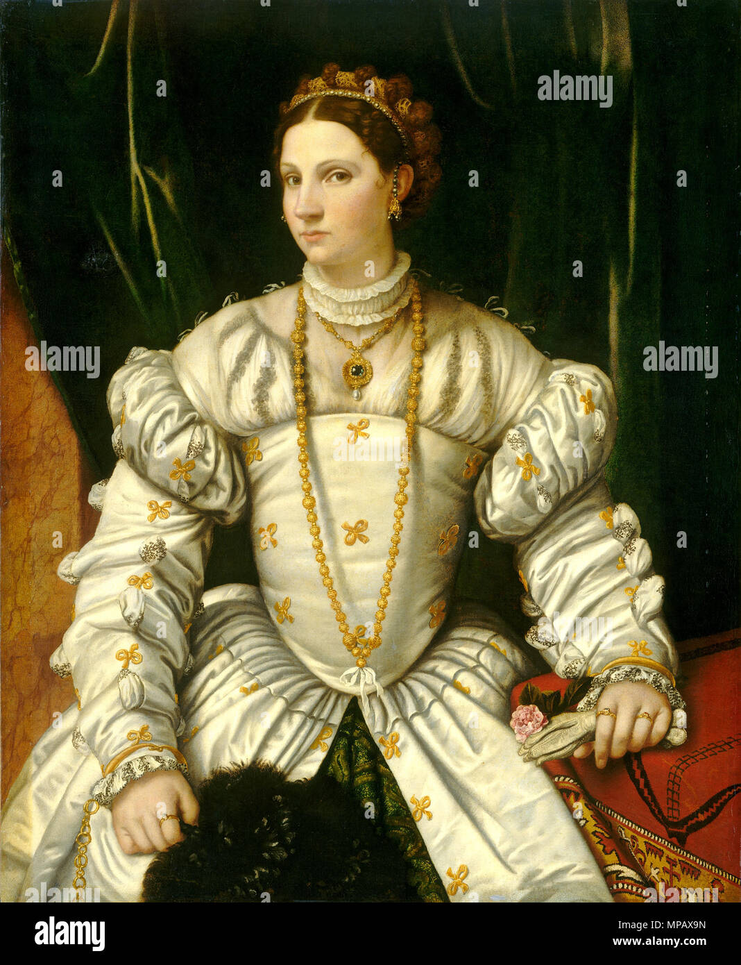 Painting; oil on canvas; overall: 106.4 x 87.6 cm (41 7/8 x 34 1/2 in.) framed: 142.2 x 115.9 x 8.6 cm (56 x 45 5/8 x 3 3/8 in.);   Portrait of a Lady in White   circa 1540.   905 Moretto da Brescia 007 Stock Photo