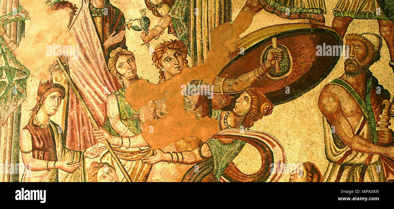 . English: A scene from the Iliad where Odysseus (Ulysses) discovers Achilles dressed as a woman and hiding among the princesses at the royal court of Skyros. A late Roman mosaic from La Olmeda, Spain, marble and tiled glass, 2.20 by 2.50 meters. For full descriptions (in Spanish), see:  'Destino Castilla y León' (13 August 2014) and 'La Diputación de Palencia aprueba el proyecto básico de la villa romana de La Olmeda, donde se invertirán 6,3 millones' (26 May 2005).  . 4th-5th centuries AD. Anonymous mosaic artist from late Roman Spain, active during the late 4th-5th centuries AD 906 Mosaico- Stock Photo