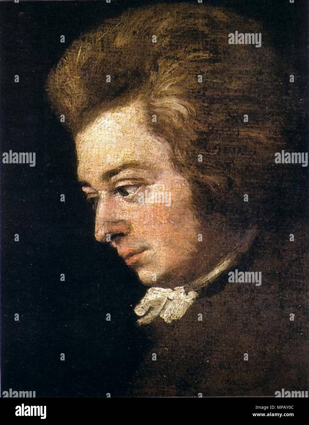 Wolfgang Amadeus Mozart .  English: The above is regarded by historians as the most accurate surviving likeness of Mozart, painted when the composer was 26 years old. It is a section of an unfinished 1782 portrait by Joseph Lange. Русский: «Портрет Моцарта». Рассматривается историками как наиболее точный портрет Моцарта, написанный, когда композитору было 26 лет. . 1782.   908 Mozart-1783-lange Stock Photo