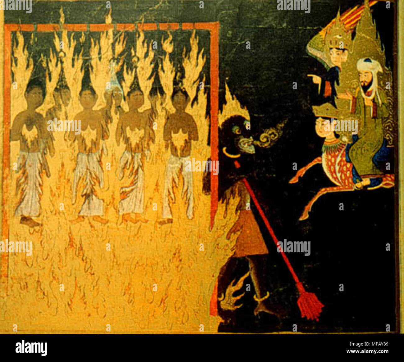 . English: A Persian depiction of Muhammad visiting Hell during the Isra and Mi'raj (Night Journey) and seeing a demon punishing 'shameless women' who had exposed their hair to strangers. For this crime of inciting lust in men, the women are strung up by their hair and burned for eternity. Muhammad is depicted riding Buraq and being accompanied by Gabriel. 15th century. Unknown 909 Muhammad and &quot;shameless women&quot; in Hell Stock Photo