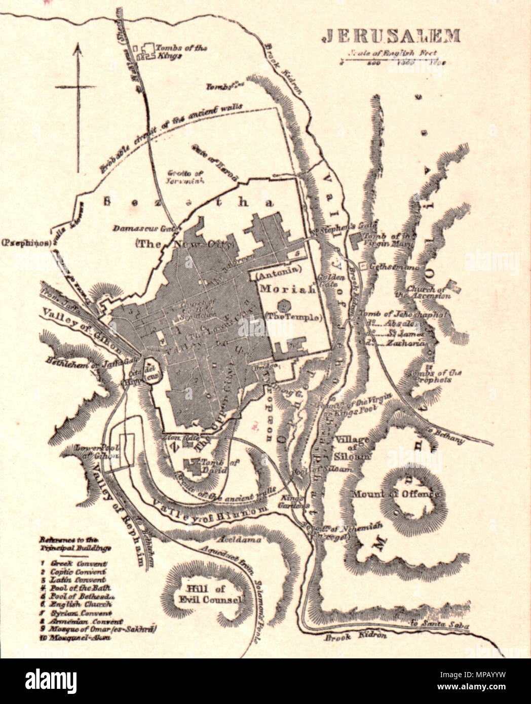 Johnson's Palestine.  English: A beautiful example of A. J. Johnson’s 1862 map of Palestine / Israel / Holy Land. Details the region from Beirut south to Busaireh and Kadesh Barnea. Extends eastward as far as Mount Alsadamus in modern day Syria. Offers both contemporary and ancient geography, often noting multiple names for the same political and geographical features. Also shows numerous roadways and caravan routes throughout the region. An inset in the lower left hand quadrant details the Jerusalem with 10 important churches, biblical sites, and mosques noted. An engraved view of Damascus de Stock Photo