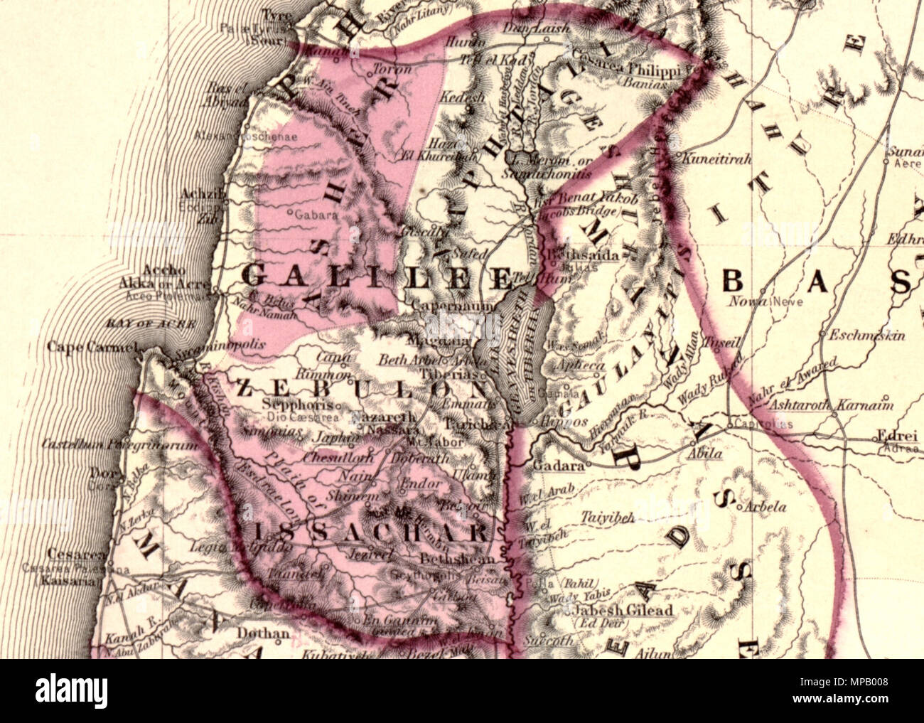 Johnson's Palestine.  English: A beautiful example of A. J. Johnson’s 1862 map of Palestine / Israel / Holy Land. Details the region from Beirut south to Busaireh and Kadesh Barnea. Extends eastward as far as Mount Alsadamus in modern day Syria. Offers both contemporary and ancient geography, often noting multiple names for the same political and geographical features. Also shows numerous roadways and caravan routes throughout the region. An inset in the lower left hand quadrant details the Jerusalem with 10 important churches, biblical sites, and mosques noted. An engraved view of Damascus de Stock Photo