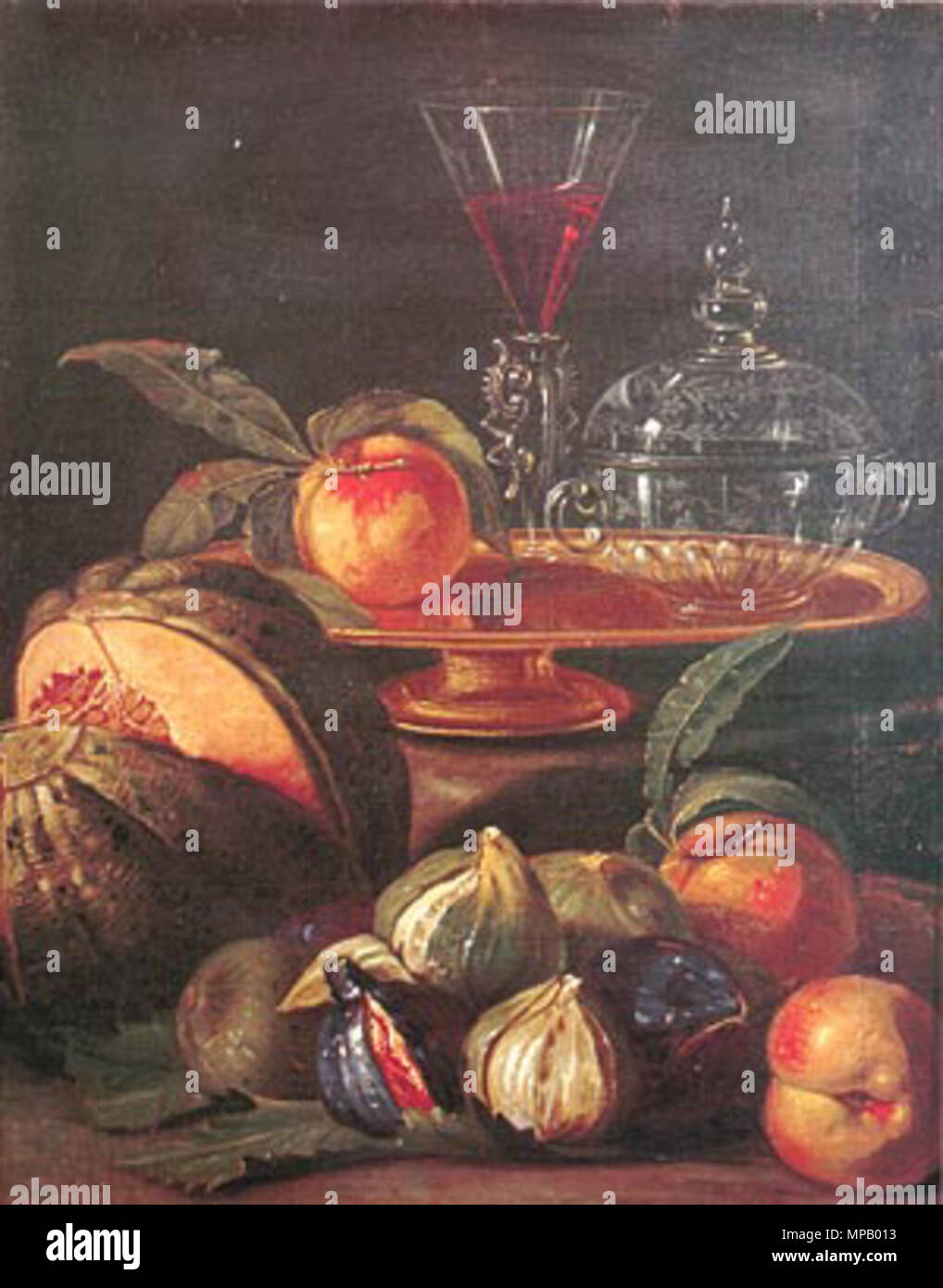 English: Vases, Glass, and Fruit   circa 1706-1713.   912 Munari, Cristoforo - Vases, Glass, and Fruit Stock Photo