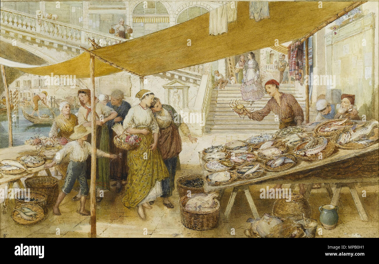 . English: The fish market on the steps of the Rialto Bridge, Venice. Signed with monogram, watercolour heightened with bodycolour, 43 x 67 cm. Exhibited in 1875 . by 1875.   Myles Birket Foster  (1825–1899)      Alternative names Myles Birkett Foster; Birket Foster; Miles Foster  Description English painter and illustrator  Date of birth/death 4 February 1825 27 March 1899  Location of birth/death North Shields, Northumberland Weybridge, Surrey  Work location Netherlands (1869); Rotterdam (1869); The Hague (1869); Amsterdam (1869); Dordrecht (1869)  Authority control  : Q1738050 VIAF: 3449926 Stock Photo