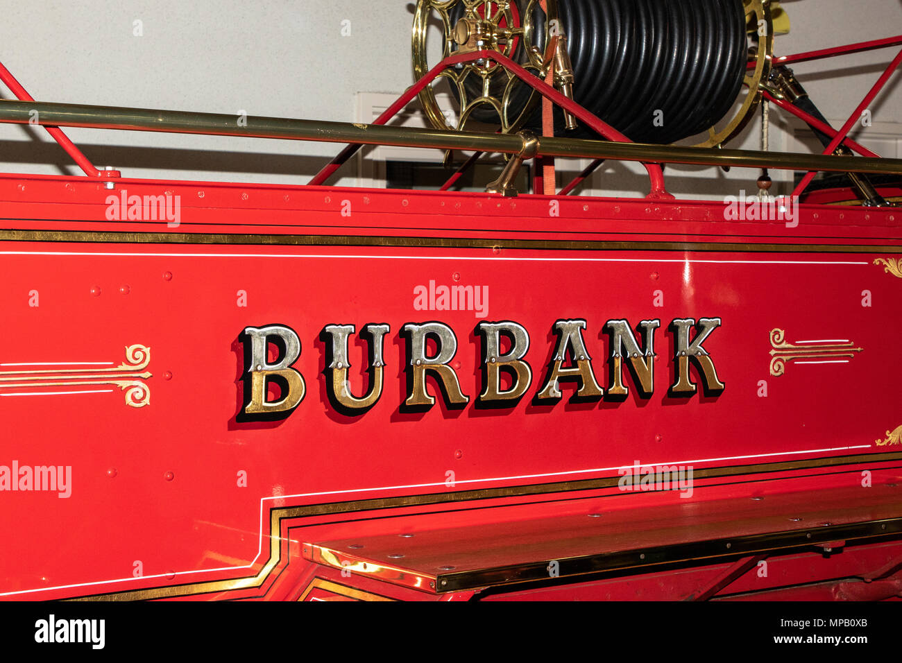 A photograph of a 1913 Moreland Fire Engine. This item is housed in the museum of the Burbank Fire Department in Burbank California USA. Stock Photo