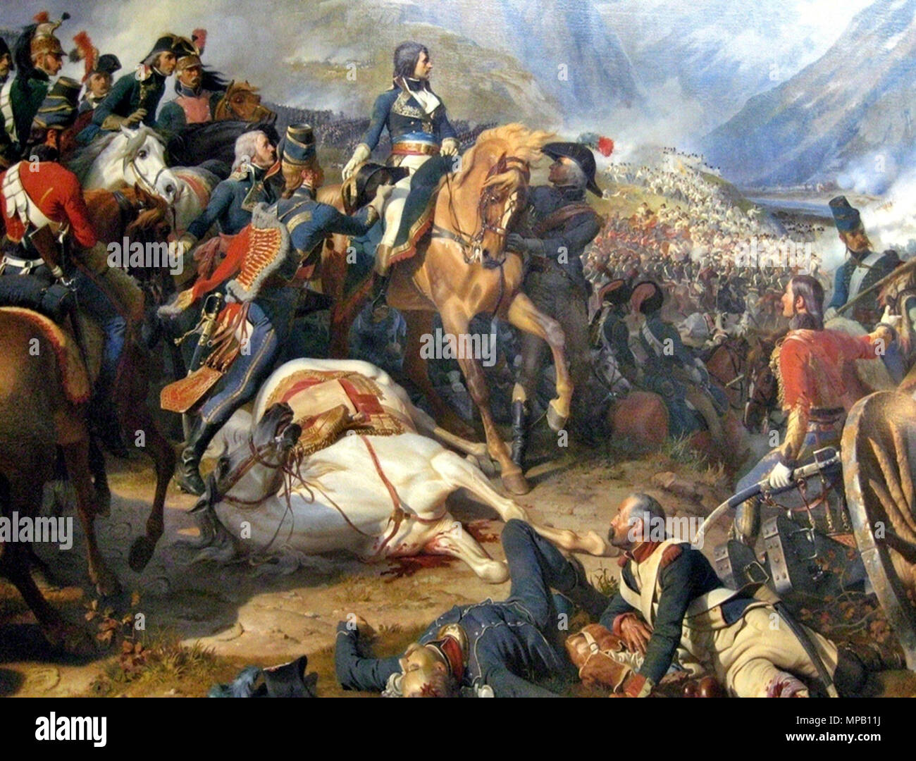 English: Napoleon at the Battle of Rivoli (January 14, 1797) Français : Bataille gagnée par le Général Bonaparte le 14 Janvier 1797. Victoire de Bonaparte et de Massena sur les Autrichiens en Vénétie, sur l'Adige. Cette victoire fut suivie peu après de la capitulation de Mantoue. Italiano: Napoleone nella battaglia di Rivoli (14 gennaio 1797)   1844.   917 Napoleon at the Battle of Rivoli Stock Photo