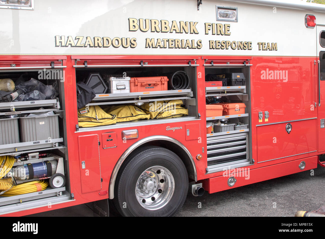 Burbank Fire Department Hazardous Materials Response Team Truck showing of the equipment used in a typical response Stock Photo