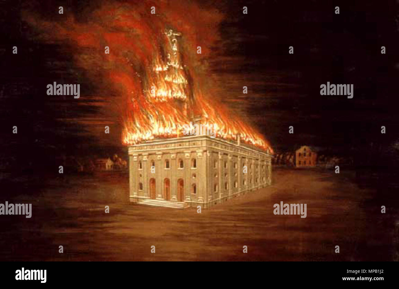 Burning of the Temple . an illustration of the burning of the Nauvoo Temple. 19th century.    C. C. A. Christensen  (1831–1912)     Alternative names C.C.A. Christensen  Description Danish painter and hymnwriter Focused on Mormon and Utah topics, especially LDS Church history  Date of birth/death 28 November 1831 3 July 1912  Location of birth/death Copenhagen, Denmark Ephraim, Utah  Authority control  : Q2938881 VIAF: 35868176 ULAN: 500024335 LCCN: n84216435 RKD: 16744 WorldCat 920 Nauvootemplefirecca Stock Photo