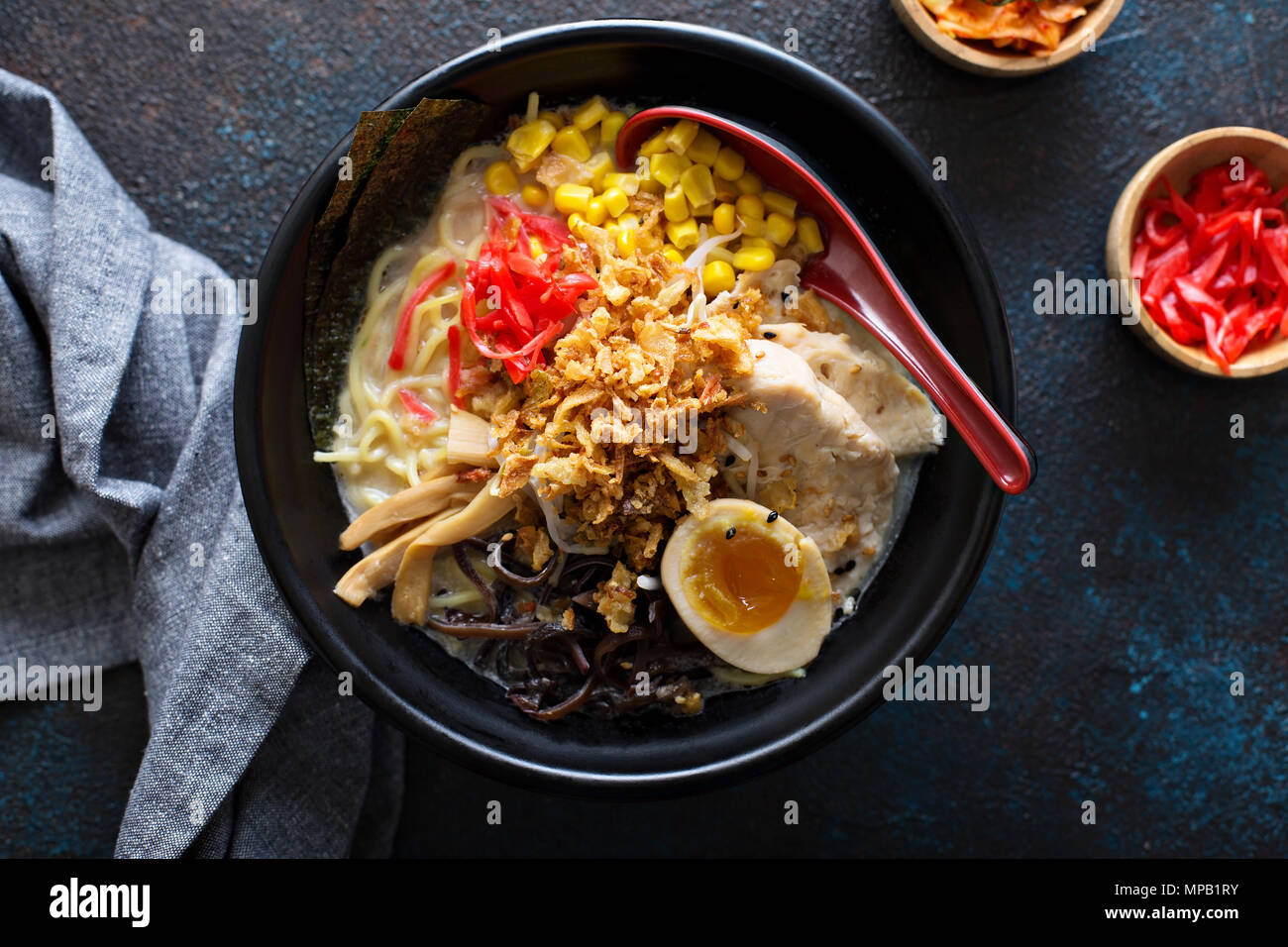 Spicy ramen bowl with noodles and chicken Stock Photo