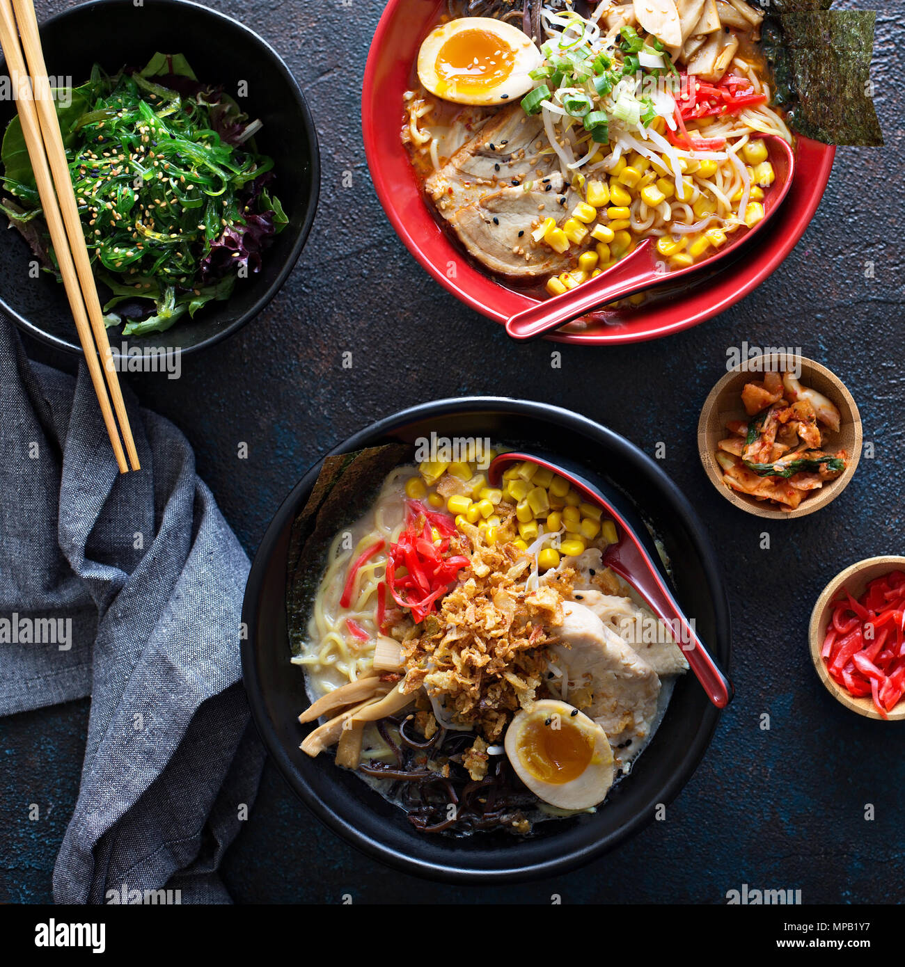 Spicy ramen bowls with noodles, pork and chicken Stock Photo Alamy