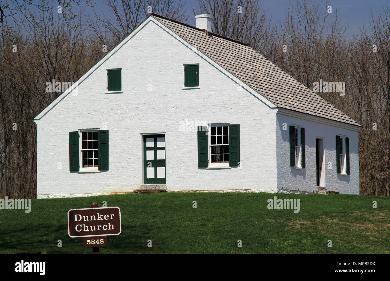 The Dunker Church was the focal point of several Union attacks against Confederates at the Battle of Antietam, fought during the American Civil War Stock Photo