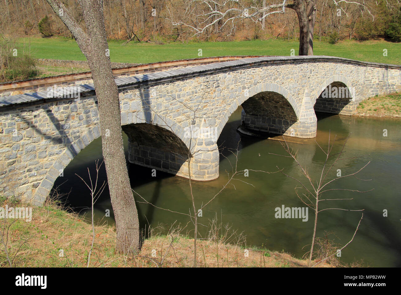 At the Battle of Antietam, the Burnside Bridge was fiercely defended by Confederates against Union troops commanded by Union General Ambrose Burnside Stock Photo