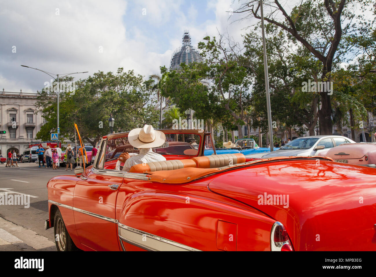 Classic 1950s car in front of the capital building in Old Havana Cuba Stock Photo