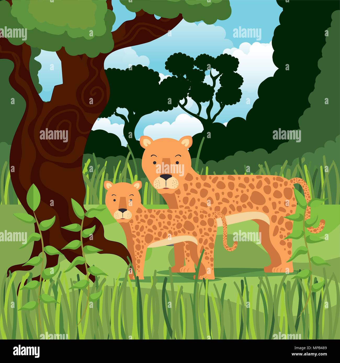 wild animals in the jungle scene Stock Vector