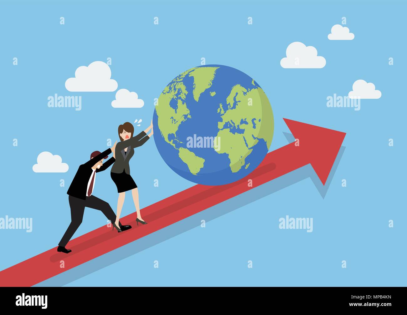 Business people pushing the world on graph up. Business concept Stock Vector