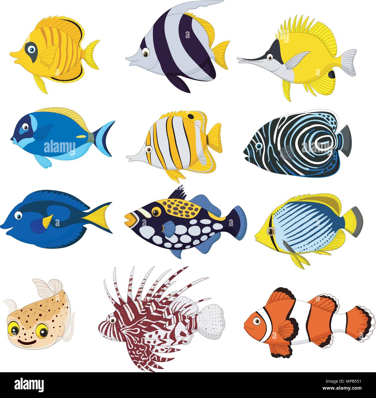 Cartoon tropical fish collection set Stock Vector
