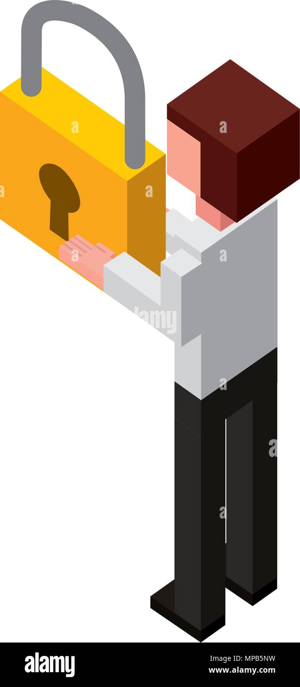 back view businessman with padlock in hands isometric Stock Vector ...