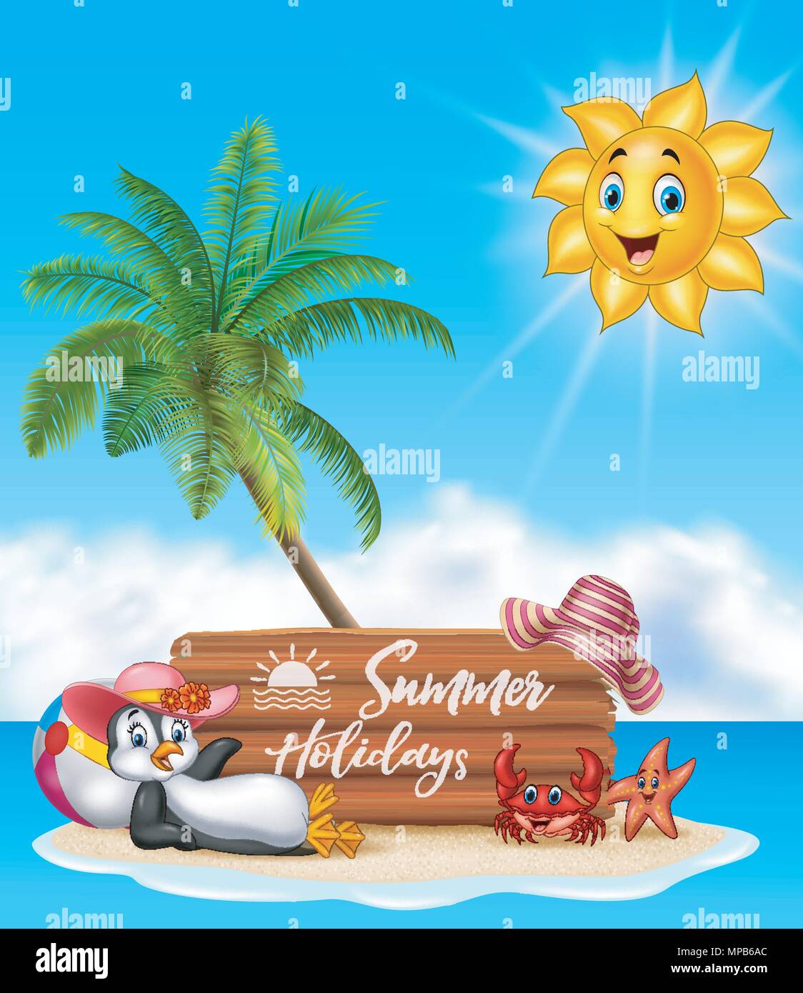 Summer holiday with wooden sign and funny animals Stock Vector
