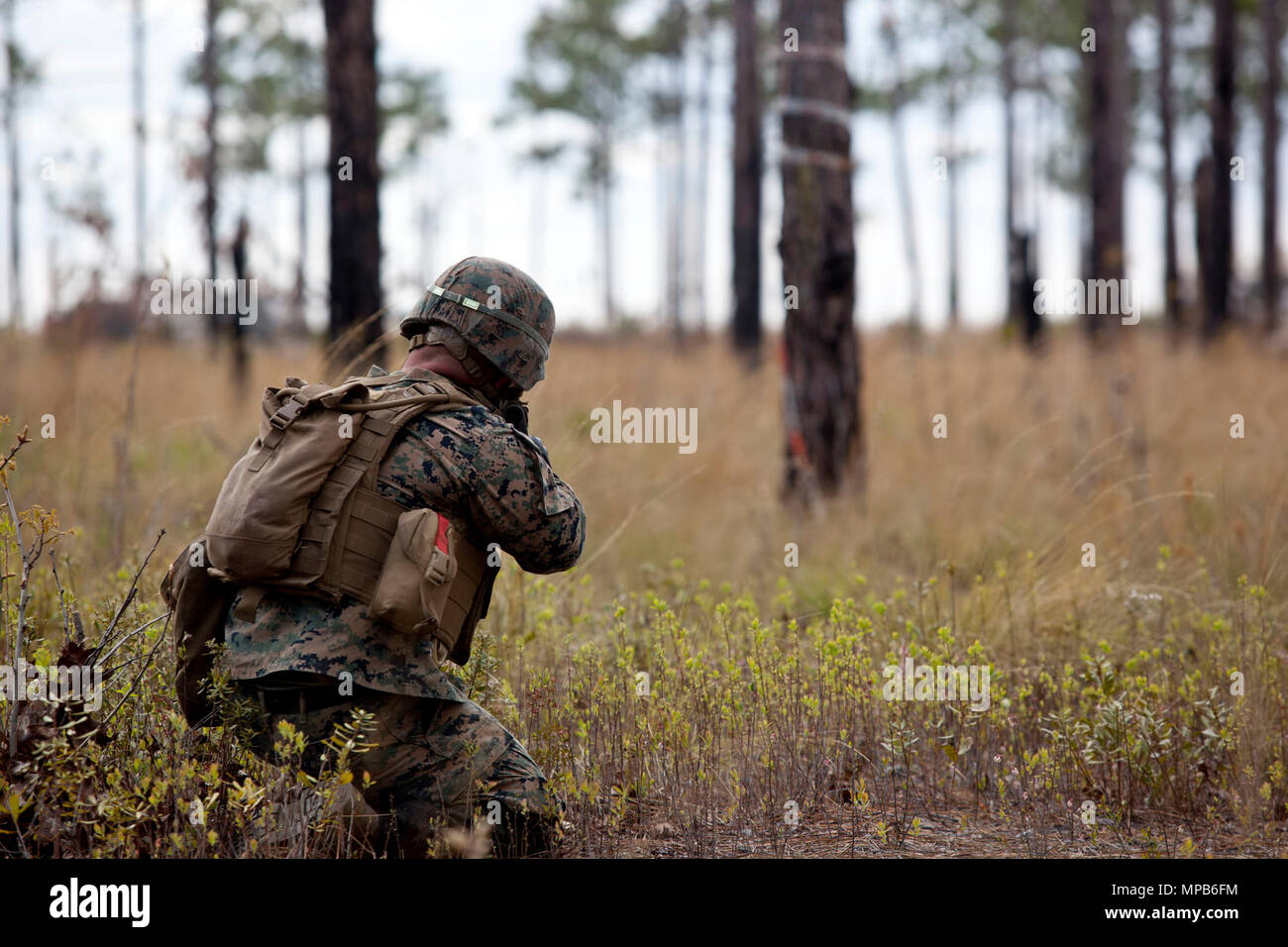 A U.S. Marine attached to Advanced Infantry Training Battalion, School of Infantry-East (SOI-E), fires an M4A1 carbine during a combined arms exercise at Camp Lejeune, N.C., April 7, 2017. The mission of SOI-E is to train entry-level and advanced level Marines in the skills required of an Infantry Marine for the operating forces. Stock Photo