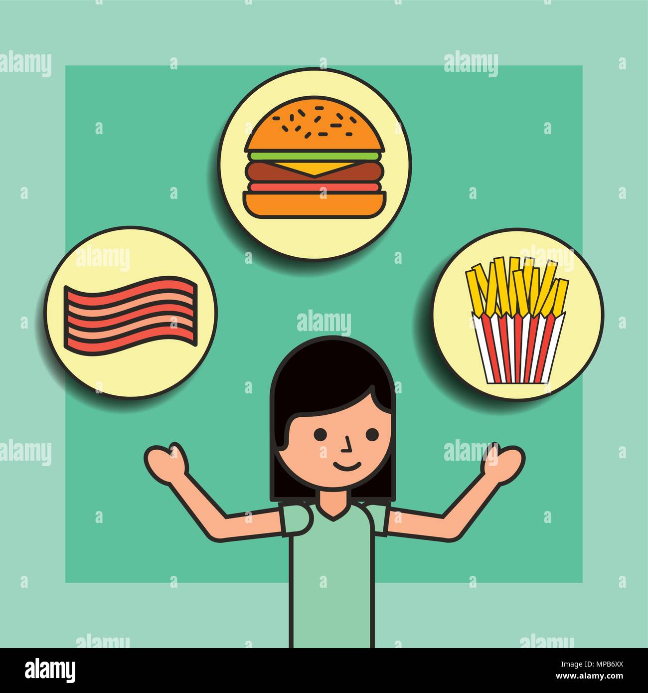 girl cartoon and food burger french fries and bacon Stock Vector Image
