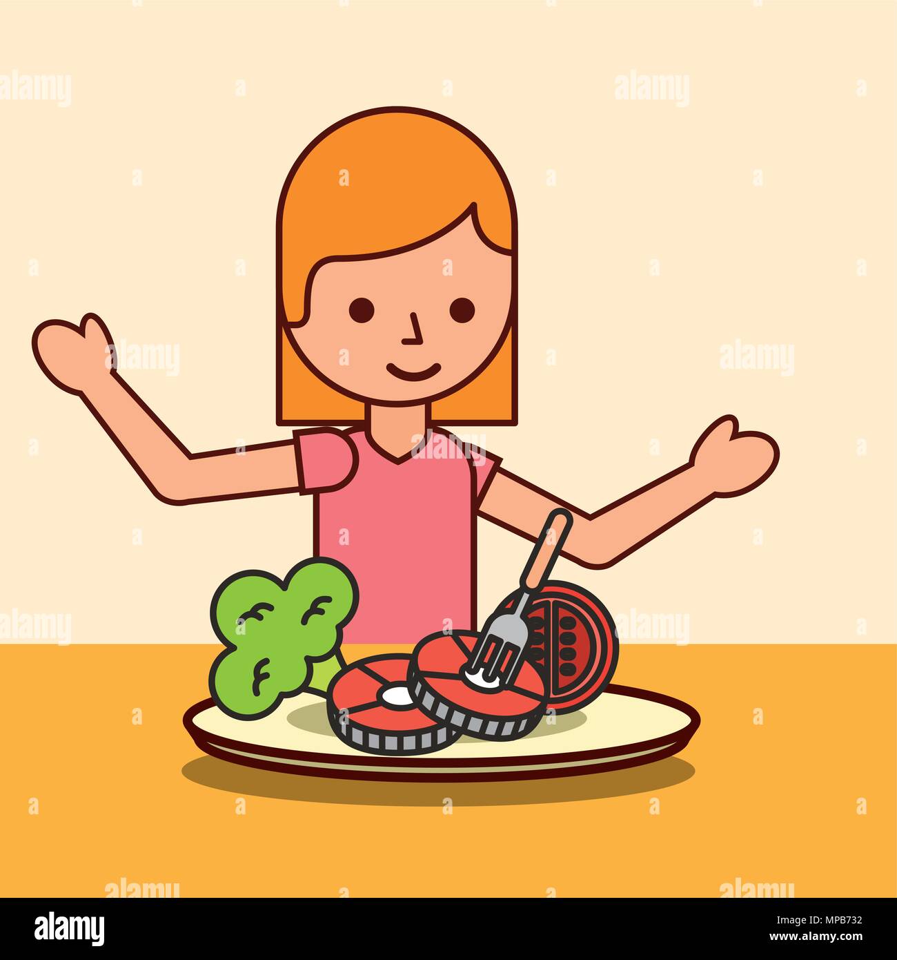 girl cartoon eating fish tomato broccoli Stock Vector Image & Art Alamy