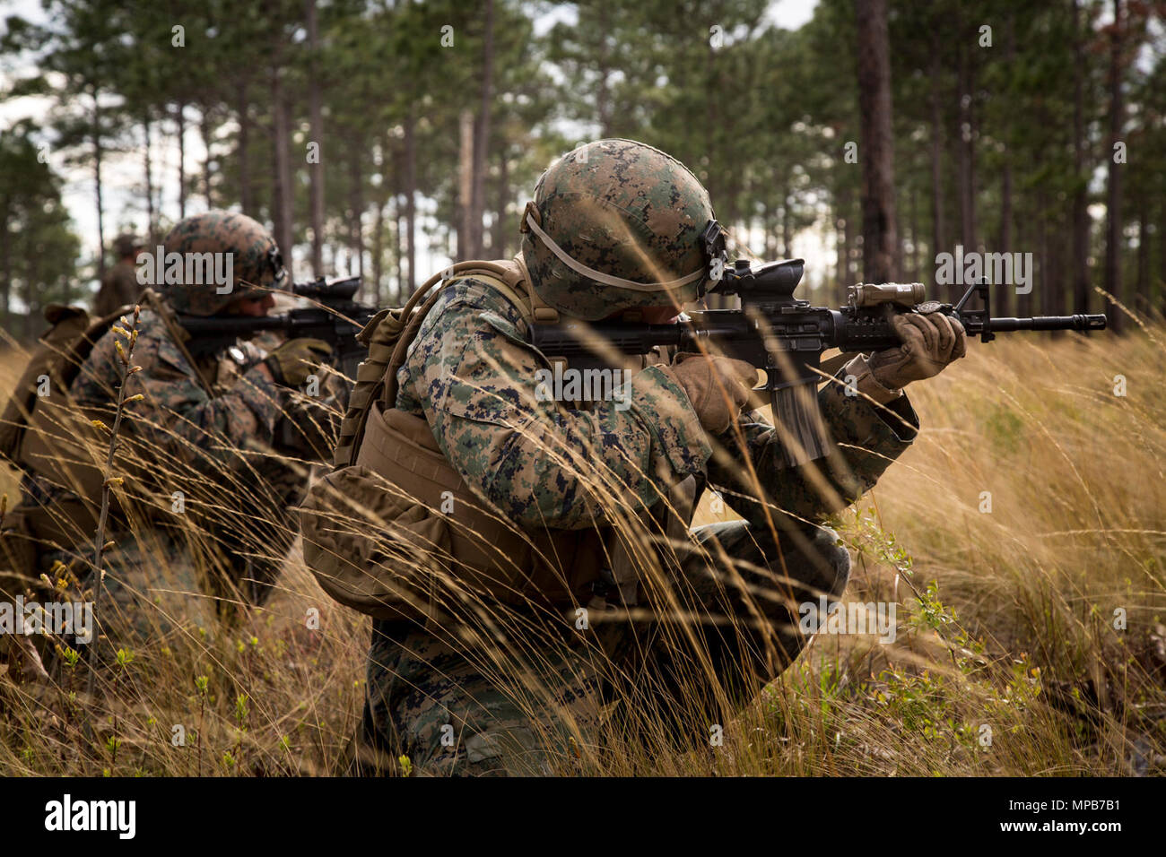 U.S. Marines attached to Advanced Infantry Training Battalion, School of Infantry-East (SOI-E), fire their M4A1 carbine during a combined arms exercise at Camp Lejeune, N.C., April 7, 2017. The mission of SOI-E is to train entry-level and advanced level Marines in the skills required of an Infantry Marine for the operating forces. Stock Photo