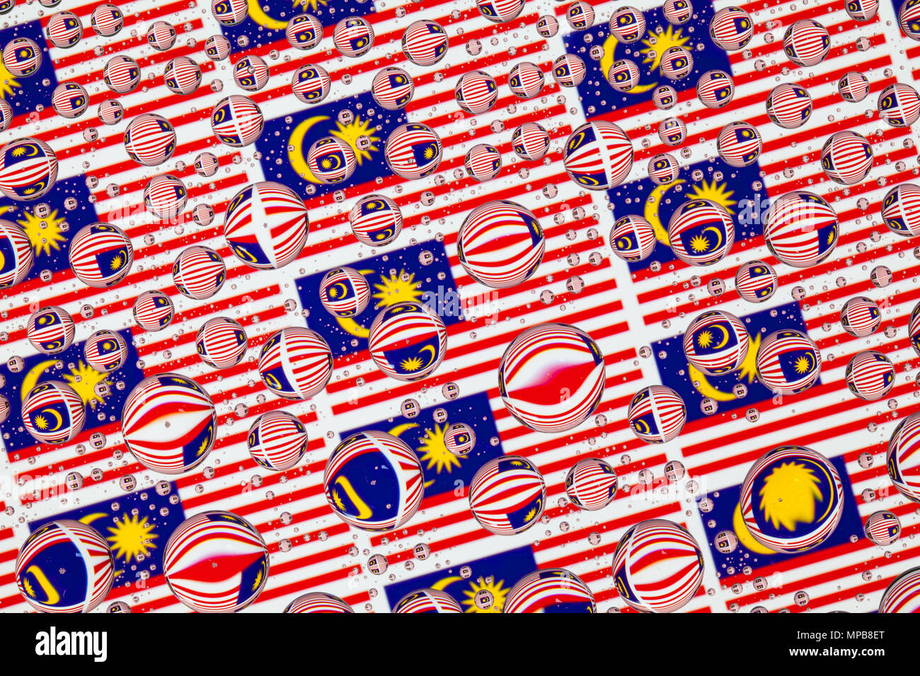 Flags of Malaysia, behind a glass covered with rain drops.Pattern from