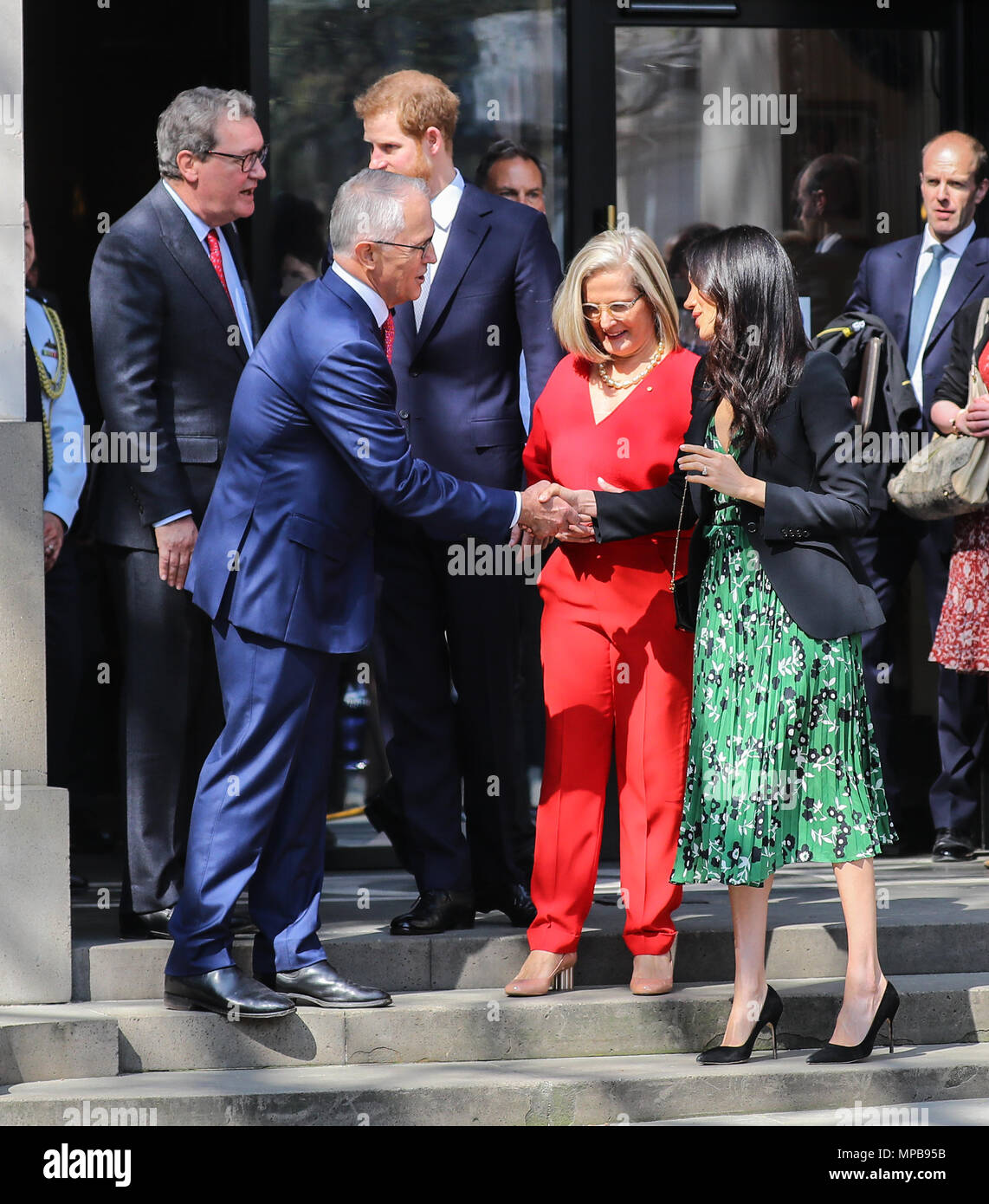 Prince Harry and Meghan Markle arrive at Australia House in London to meet with the Australian High Commissioner in the lead up to Invictus Games.  Featuring: Meghan Markle, Prince Harry, Malcolm Turnbull, Lucy Turnbull, Alexander Downer Where: London, United Kingdom When: 21 Apr 2018 Credit: John Rainford/WENN.com Stock Photo