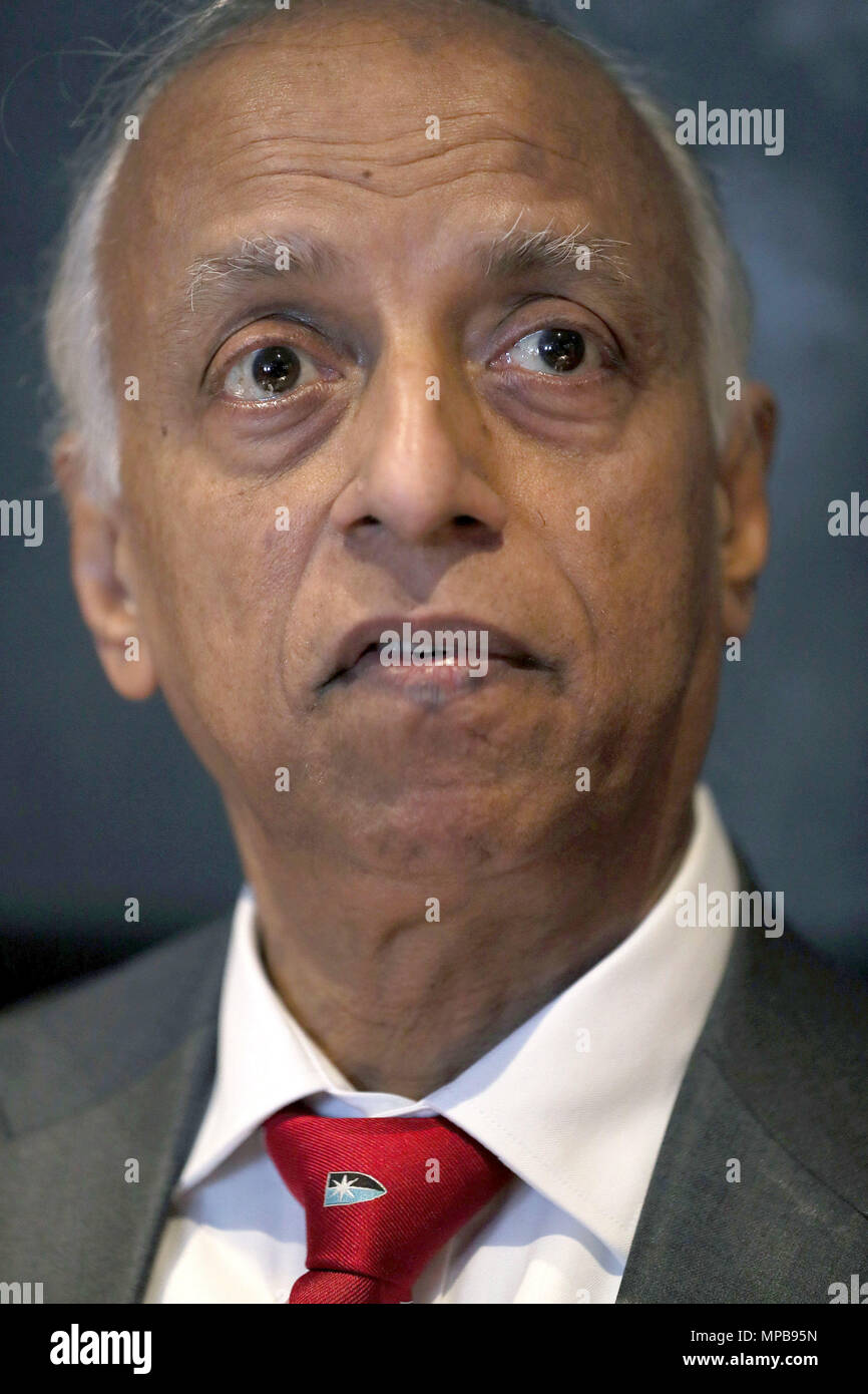 Professor Sir Sabaratnam Arulkumaran, who headed the inquiry into the death of Savita Halappanavar, speaking at a press event hosted by the Irish Family Planning Association (IFPA) at the Alex Hotel, Dublin, where he urged a Yes vote ahead of the referendum on the 8th Amendment of the Irish Constitution on May 25th. Stock Photo