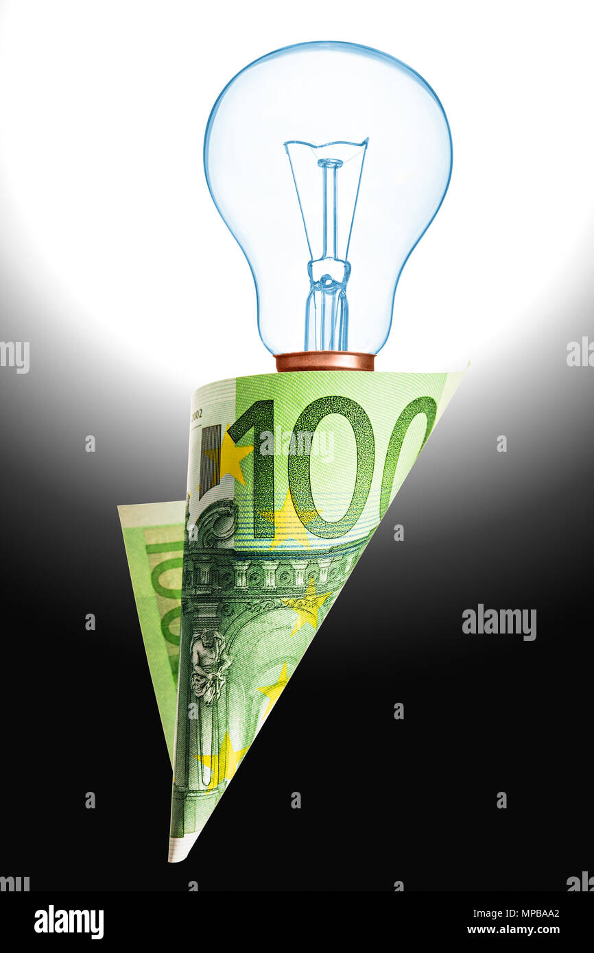 Paper money bag out of one hundred euros with light bulb within Stock Photo